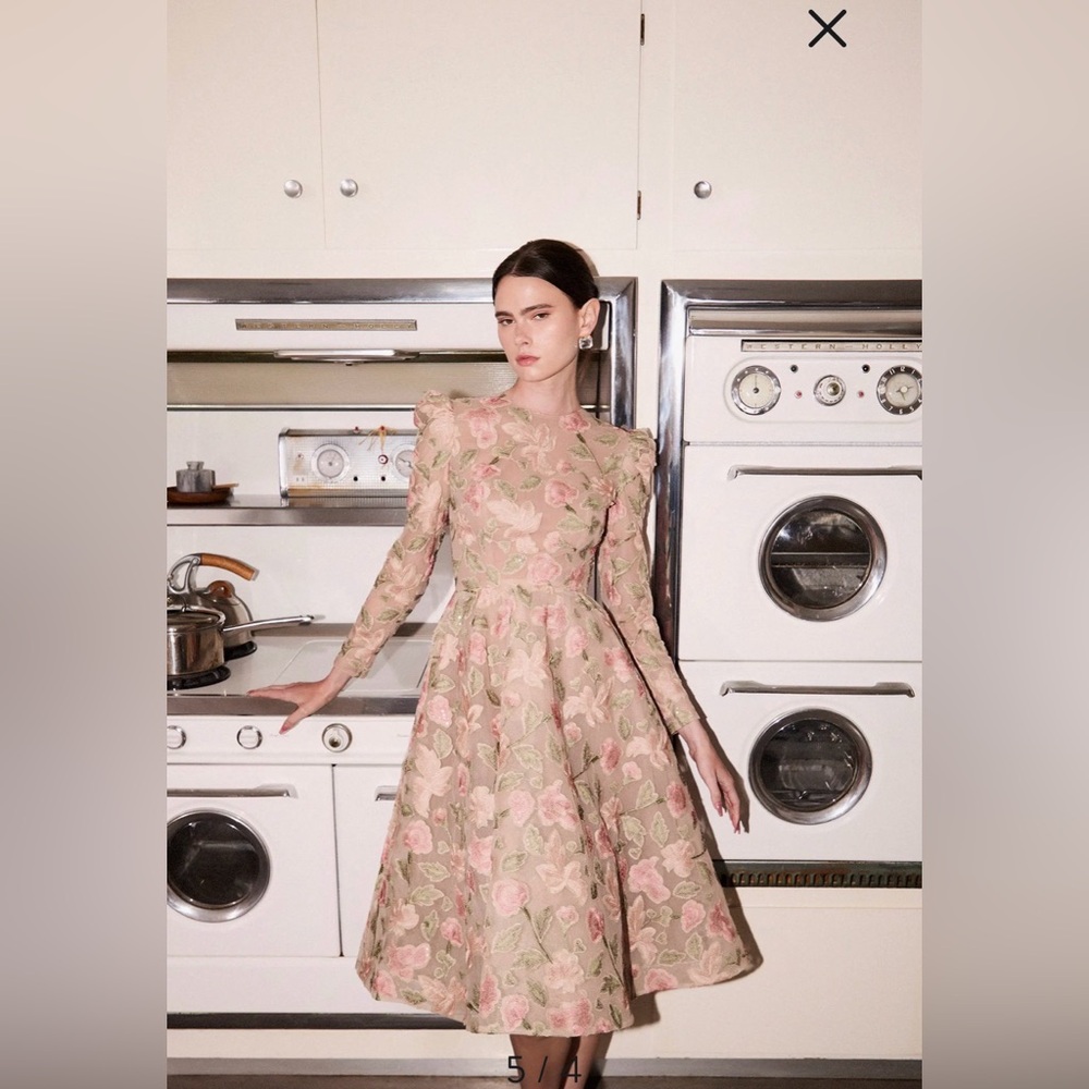 Long-Sleeve Floral Midi Dress in Blush and Sage